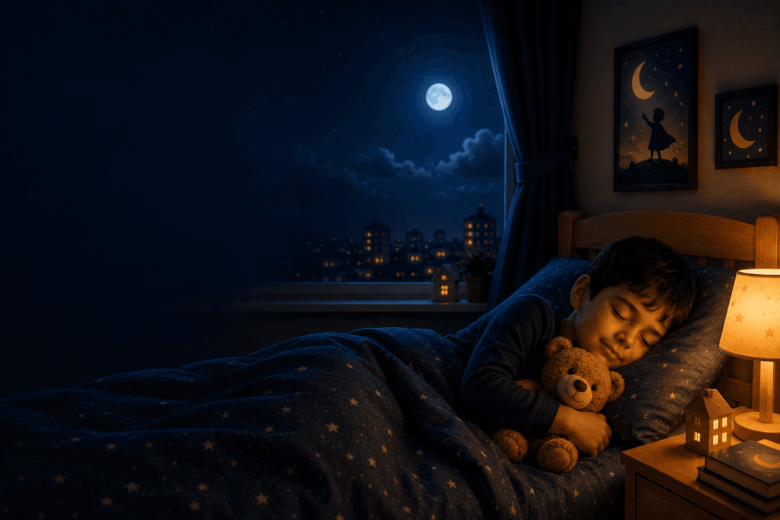 A calm, dimly lit bedroom set up for a restful night's sleep
